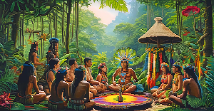 A gathering of individuals in traditional attire participating in an ayahuasca ceremony in a lush Amazon rainforest.