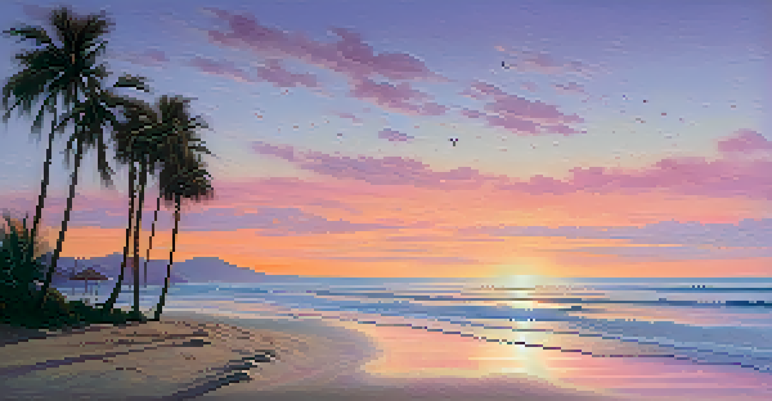 A dawn beach scene with gentle waves, a pastel sky, and silhouettes of palm trees, along with seashells on the sand.
