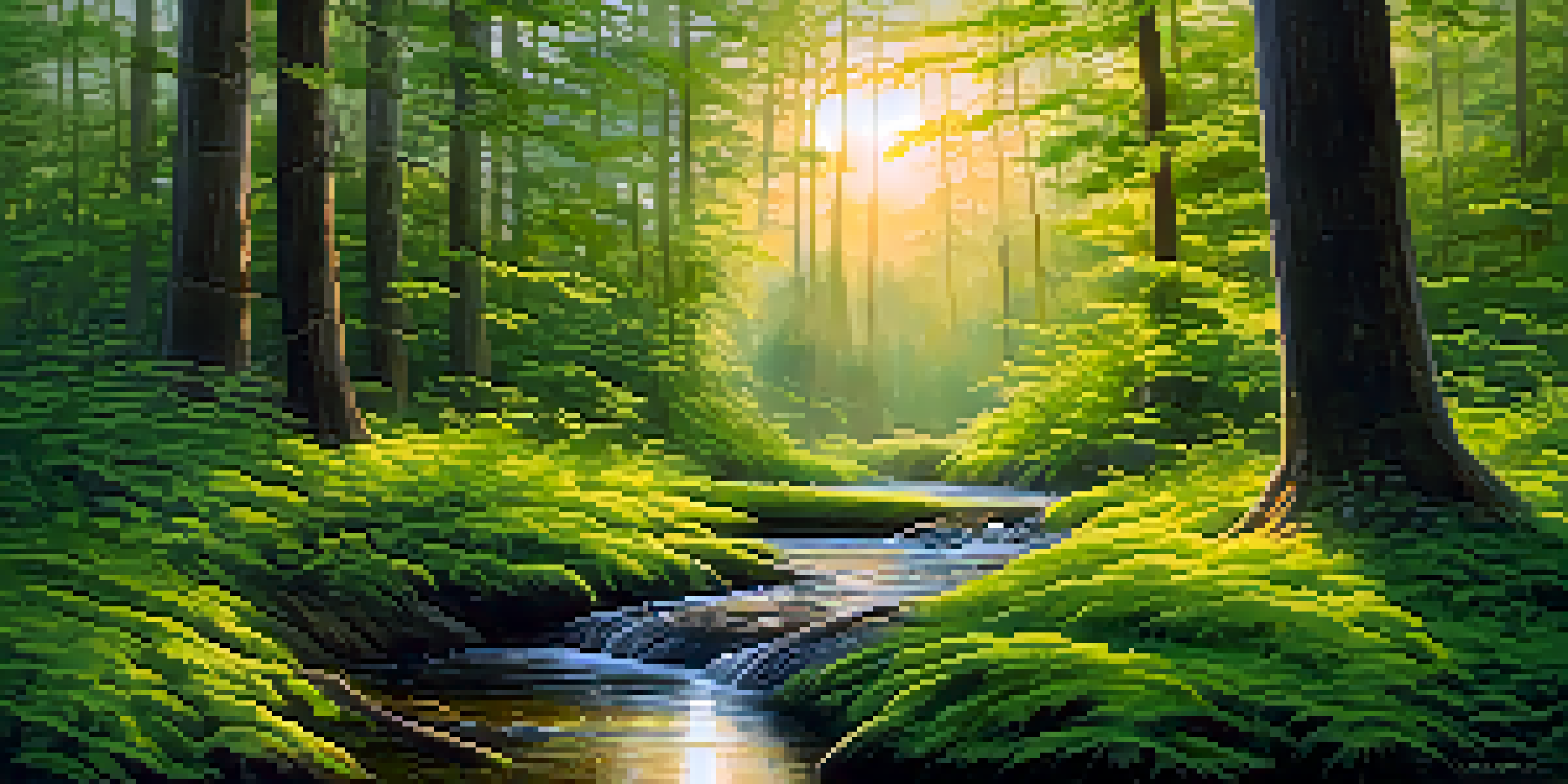 A peaceful forest at dawn with sunlight filtering through trees and a stream reflecting the morning light.