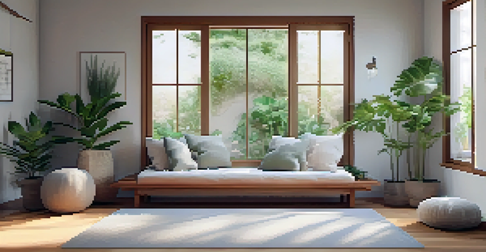 A tranquil indoor space for breathwork, with a cozy mat, soft cushions, and gentle lighting, enhanced by plants and calming artwork.