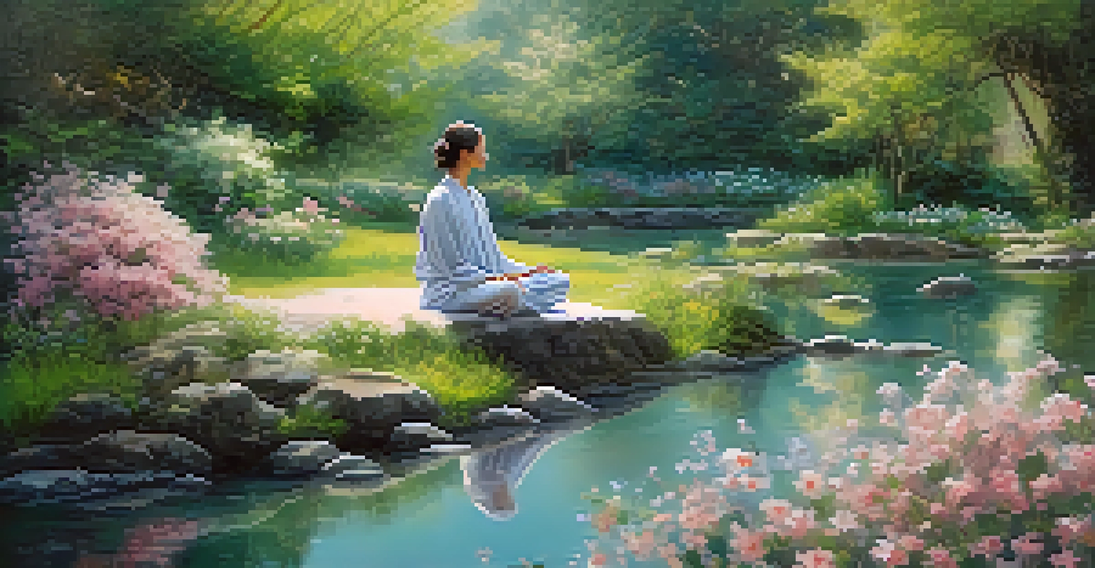 A person meditating in a beautiful garden with flowers and streams, surrounded by butterflies, in soft pastel colors.