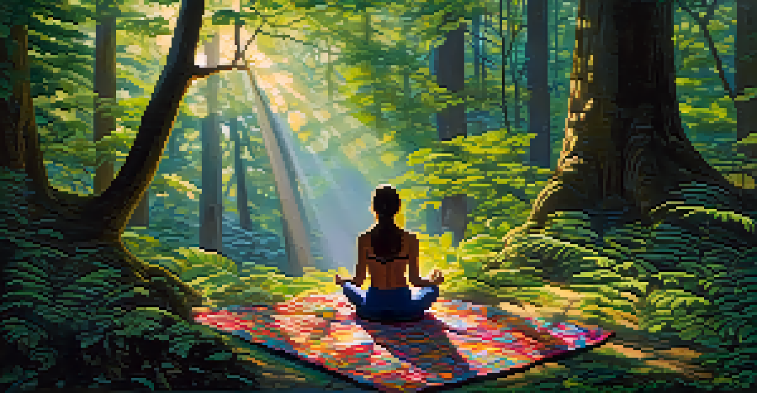 A person meditating cross-legged on a colorful blanket in a vibrant forest, with sunlight filtering through the leaves.