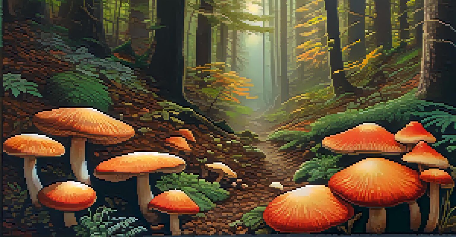 A close view of colorful mushrooms in a forest, showcasing their intricate patterns and vibrant colors.