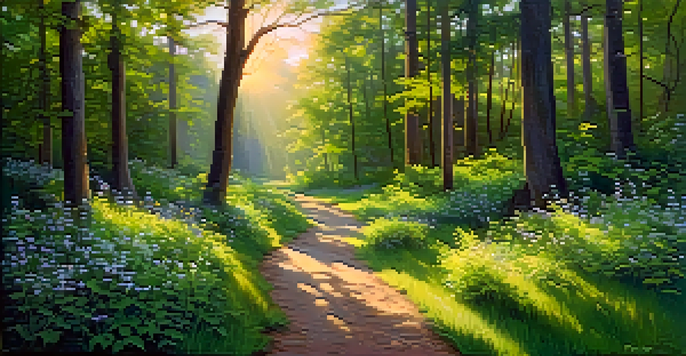 A peaceful forest scene with lush green trees, colorful flowers, and soft sunlight filtering through the leaves, creating a serene atmosphere.