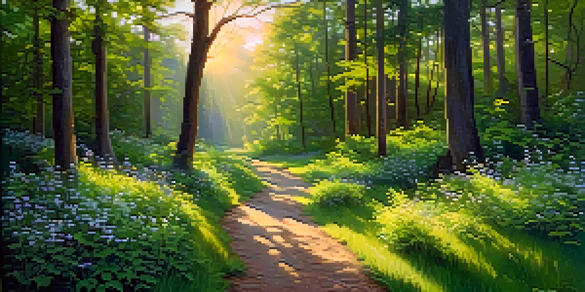 A peaceful forest scene with lush green trees, colorful flowers, and soft sunlight filtering through the leaves, creating a serene atmosphere.