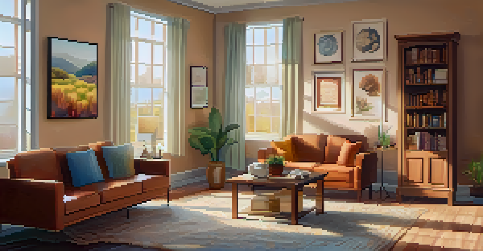 A warm and inviting therapy room with soft lighting, comfortable seating, a bookshelf, and calming artwork, designed for mental health support.
