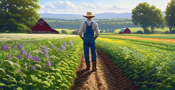 A sunlit farm landscape with a farmer inspecting soil among diverse crops and blooming wildflowers.