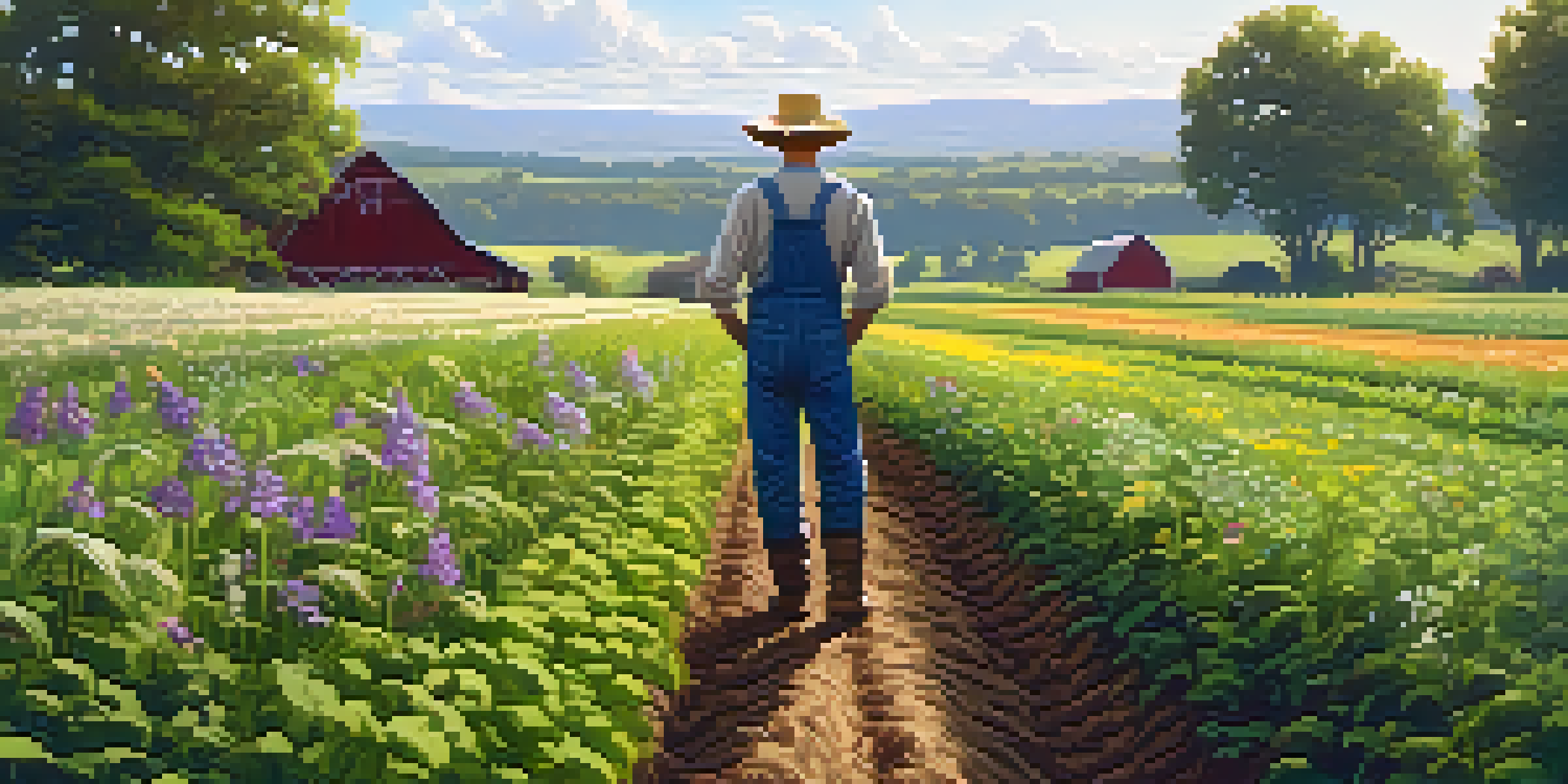 A sunlit farm landscape with a farmer inspecting soil among diverse crops and blooming wildflowers.