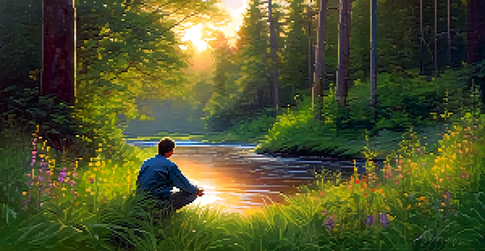 A peaceful forest scene with sunlight streaming through trees, a person meditating by a stream.