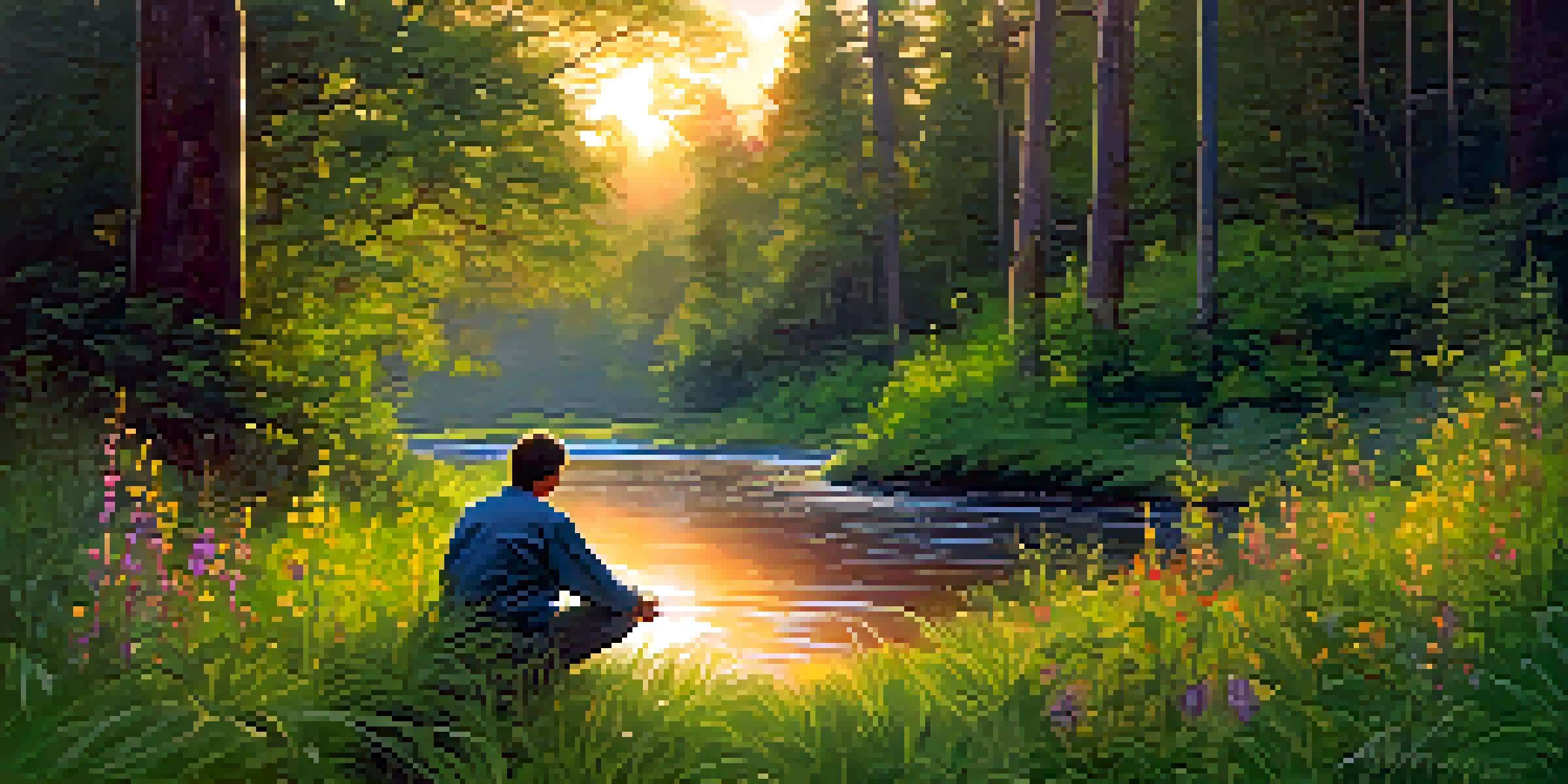 A peaceful forest scene with sunlight streaming through trees, a person meditating by a stream.