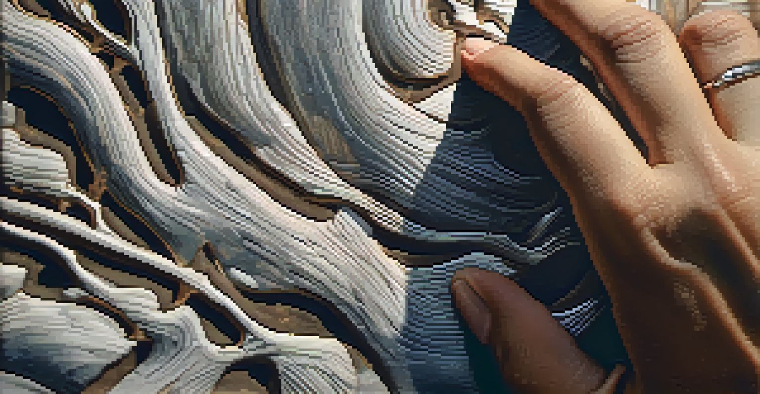 A close-up of a hand touching a textured surface, highlighting intricate details and light interplay.
