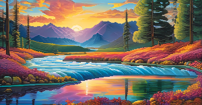 A colorful surreal landscape with a river reflecting sunset colors, floating music notes, and abstract mountains with swirling patterns.