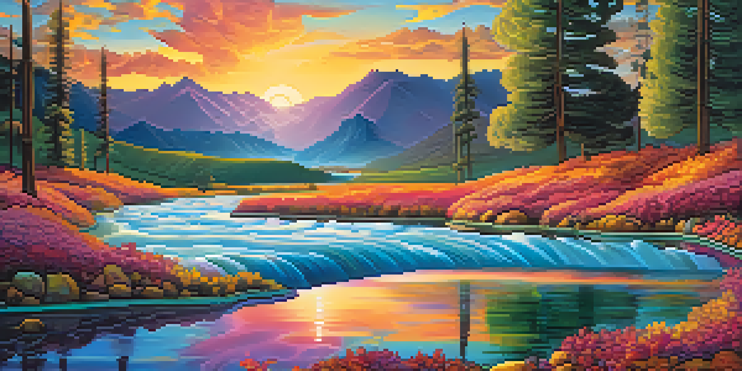 A colorful surreal landscape with a river reflecting sunset colors, floating music notes, and abstract mountains with swirling patterns.