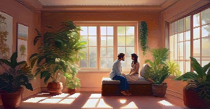 A peaceful therapy session in a well-lit room with a therapist and patient communicating, surrounded by plants and cozy decor.