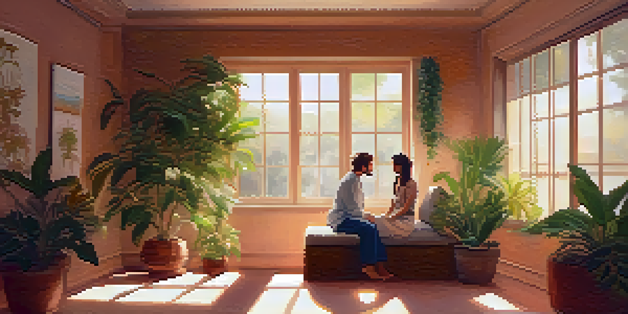 A peaceful therapy session in a well-lit room with a therapist and patient communicating, surrounded by plants and cozy decor.