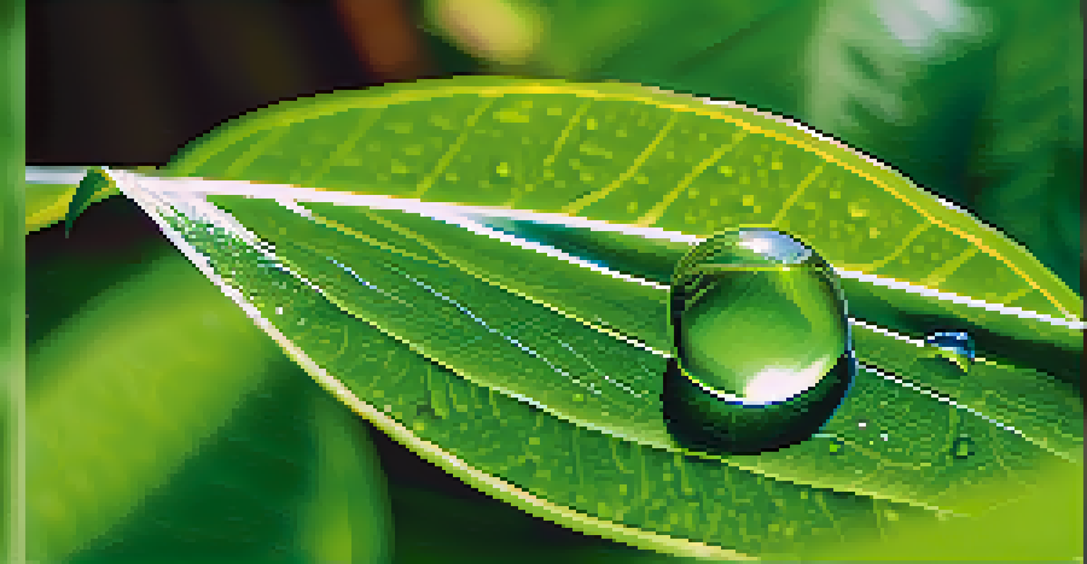 A close-up of a water droplet on a green leaf, showcasing the leaf's texture and sunlight glistening on the droplet.