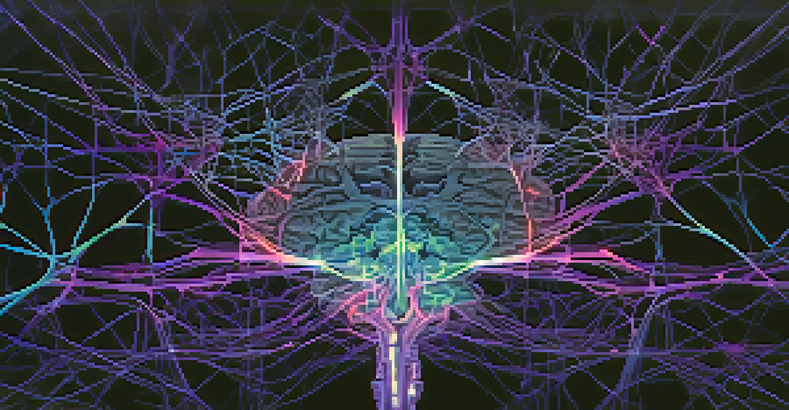 An artistic representation of the human brain highlighting the Default Mode Network with illuminated neural connections in blue and purple hues, set against a dark background.