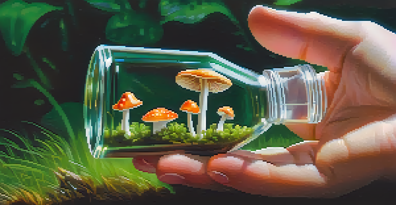 A close-up of a hand holding a glass vial with hallucinogenic mushrooms, set against a soft green background.