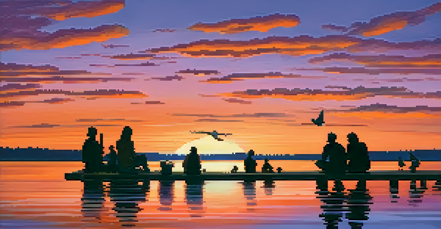 A sunset over a tranquil lake with vibrant colors reflecting on the water, showing a small group of individuals sharing experiences on a wooden dock.