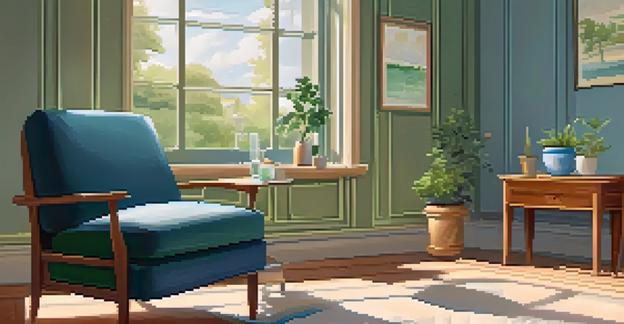 A calming therapy room with natural light, a comfortable armchair, and a small table with a plant, creating a serene atmosphere for therapy.