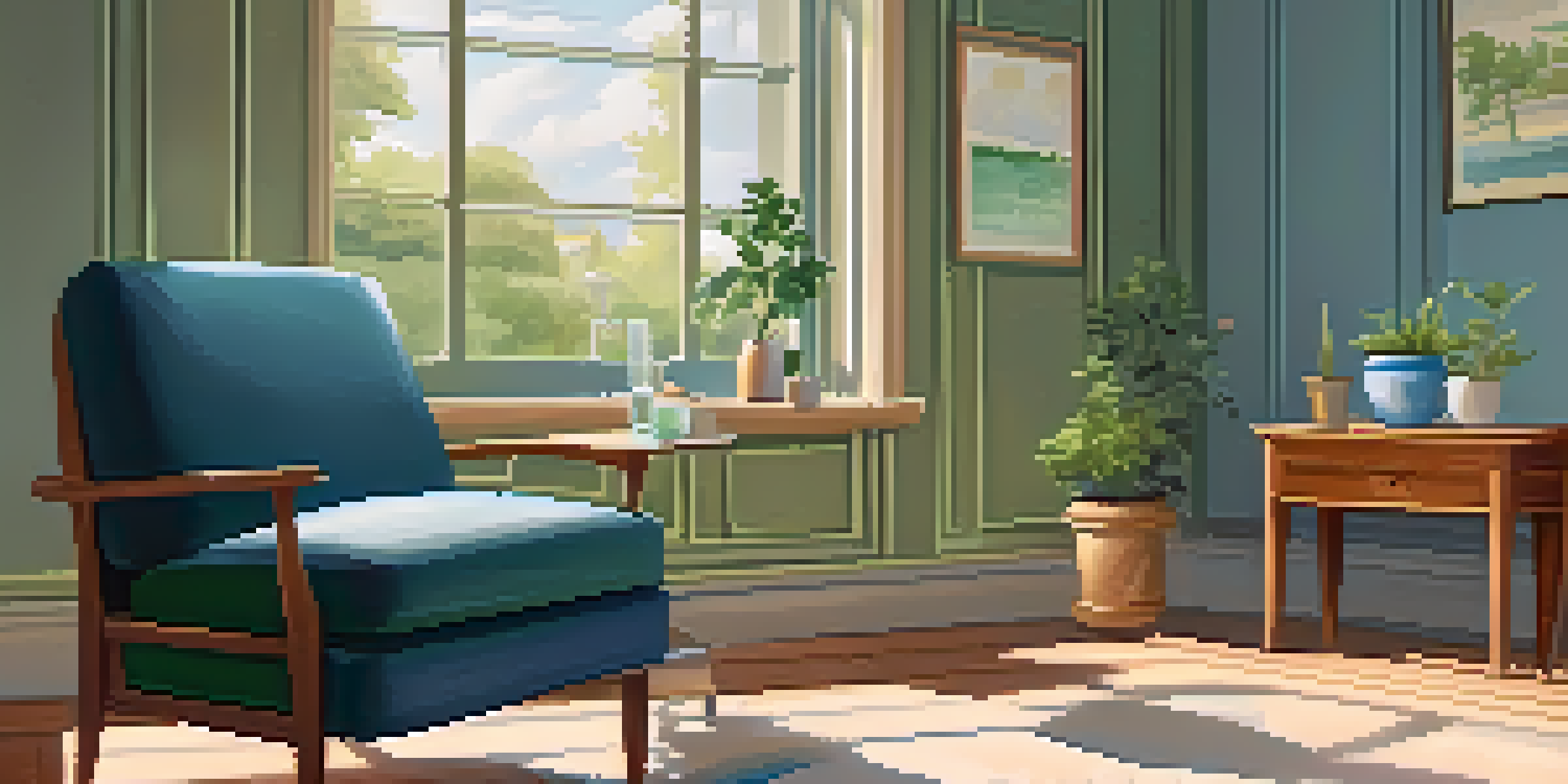 A calming therapy room with natural light, a comfortable armchair, and a small table with a plant, creating a serene atmosphere for therapy.