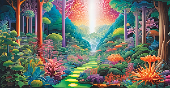 A colorful and surreal forest landscape with oversized plants and ethereal light, creating a dreamlike atmosphere.