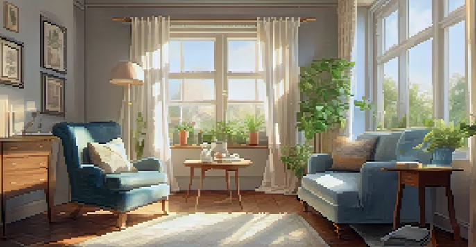 A cozy and serene sunlit room with an armchair, potted plants, a small table with a cup of tea, a book, and a framed photo, creating a comforting atmosphere.