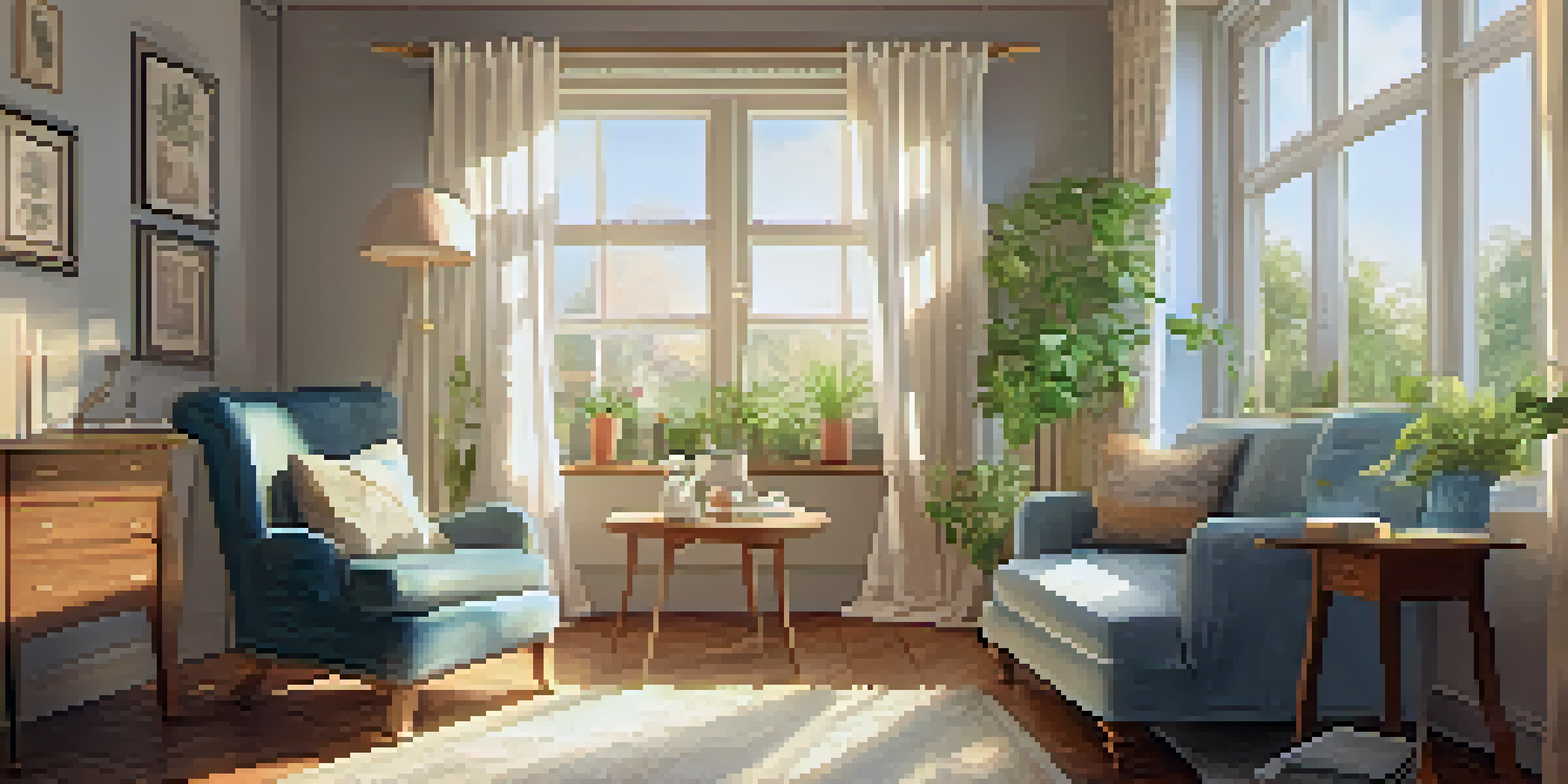 A cozy and serene sunlit room with an armchair, potted plants, a small table with a cup of tea, a book, and a framed photo, creating a comforting atmosphere.