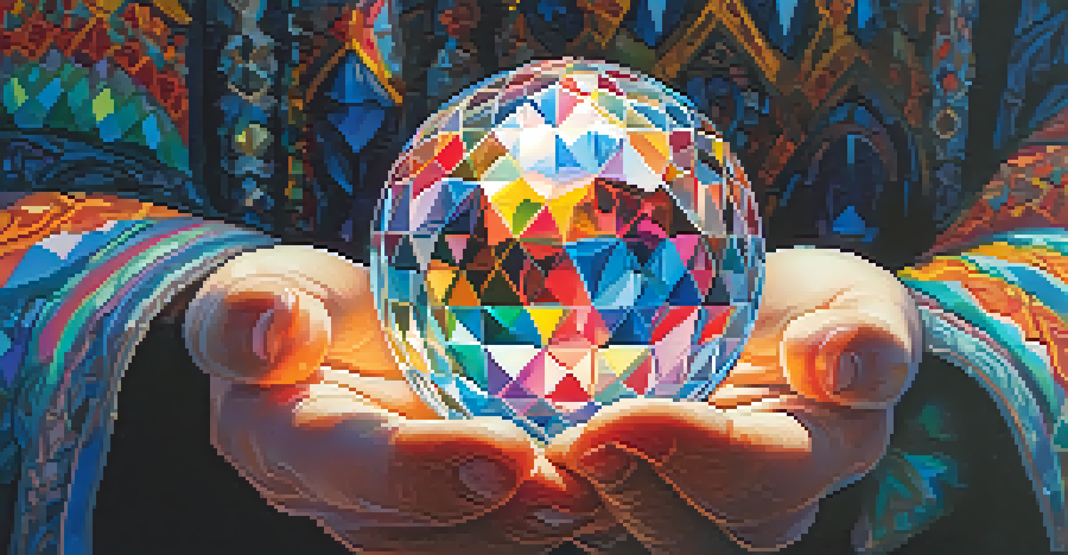 Close-up of hands holding a colorful crystal orb with intricate reflections and a blurred background.
