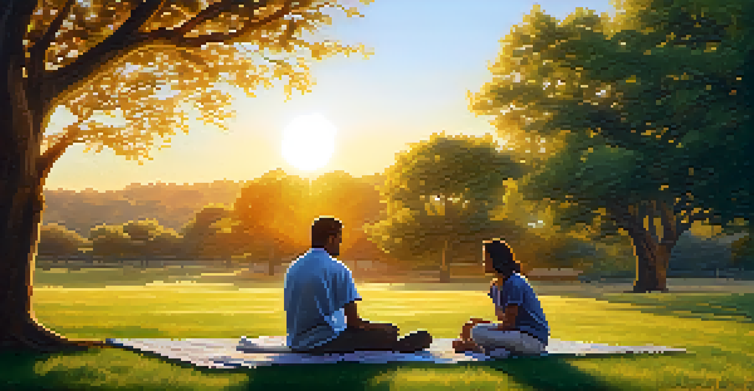 A peaceful outdoor therapy session with a therapist and patient sitting under a tree at sunset.