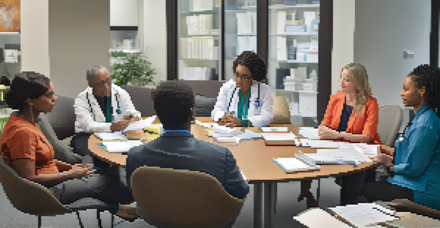 Healthcare professionals collaborating in a warm office setting, discussing integrating new therapies into palliative care.