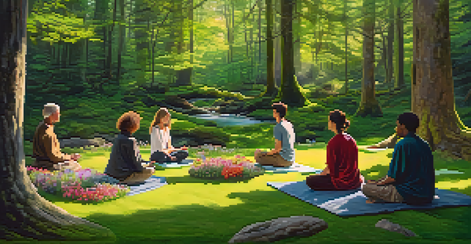 A peaceful forest scene with a diverse group of people meditating in a circle, surrounded by greenery and sunlight.