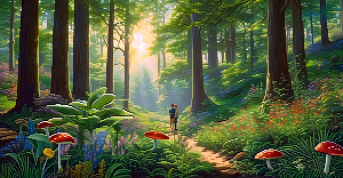 A lush green forest with various hallucinogenic plants and travelers engaging with a local guide under soft sunlight.