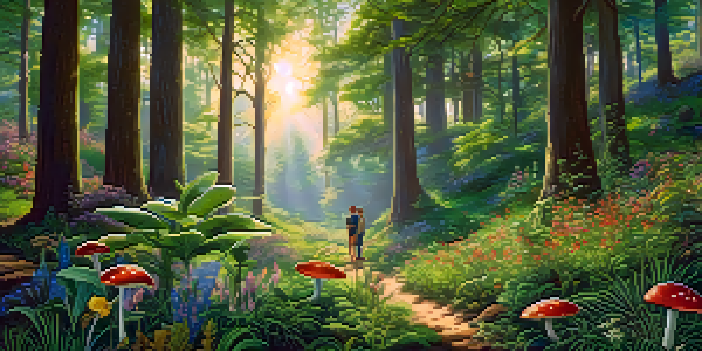 A lush green forest with various hallucinogenic plants and travelers engaging with a local guide under soft sunlight.