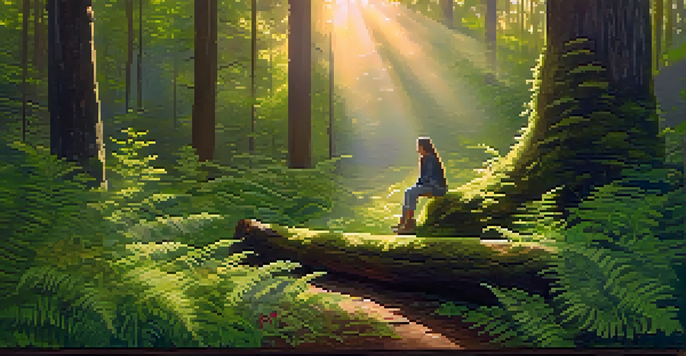 A person sitting on a moss-covered log in a serene forest during golden hour, surrounded by green ferns and wildflowers.