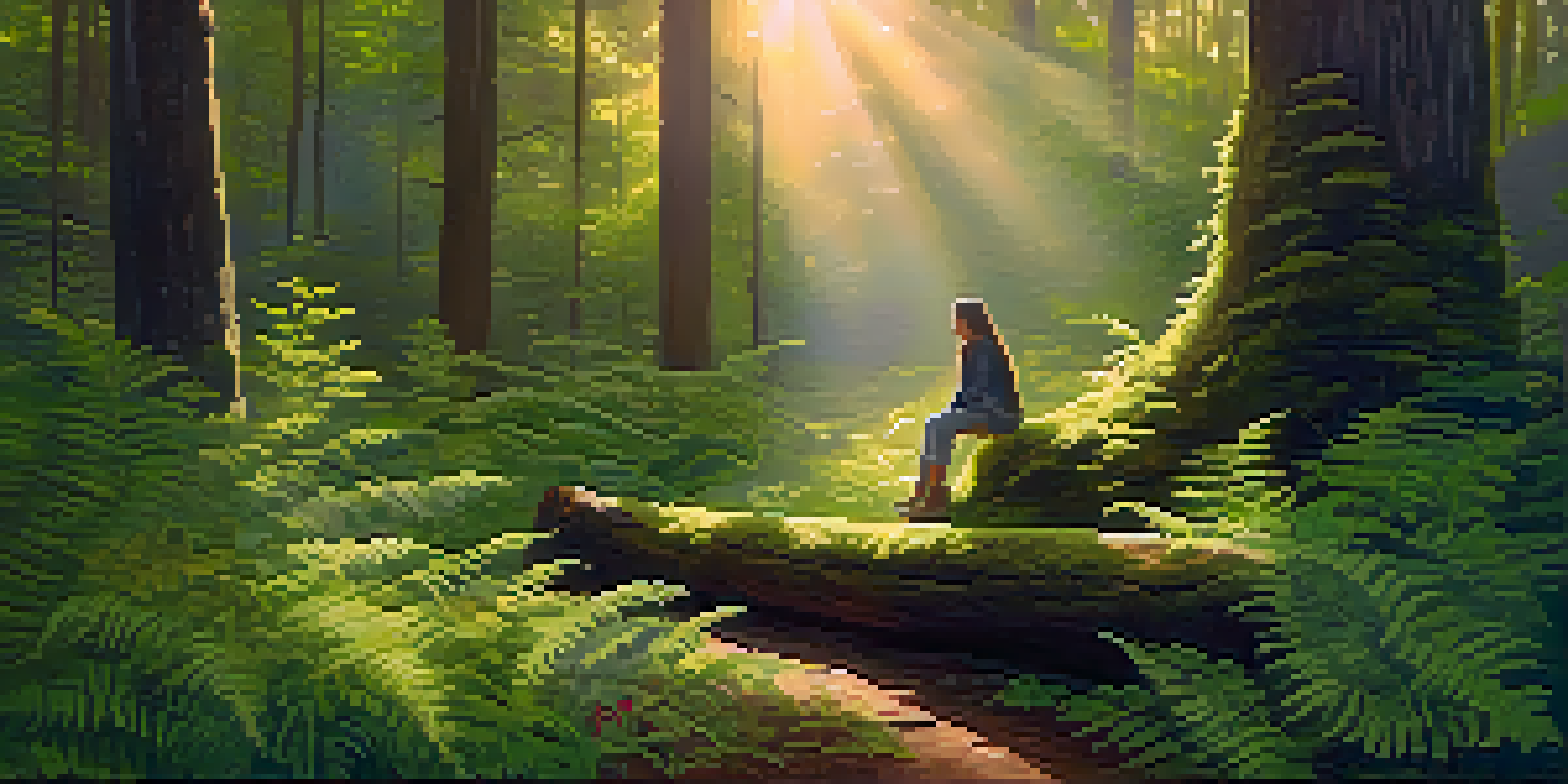A person sitting on a moss-covered log in a serene forest during golden hour, surrounded by green ferns and wildflowers.