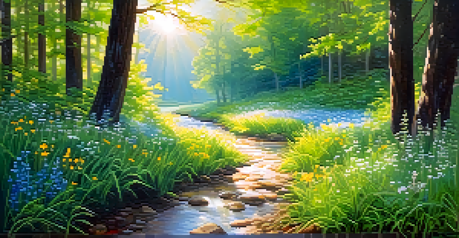 A peaceful forest path with wildflowers and sunlight filtering through trees, symbolizing healing and self-discovery.