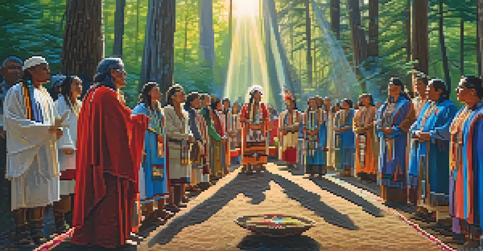 A Native American spiritual leader guiding a peyote ceremony in a mystical forest setting.