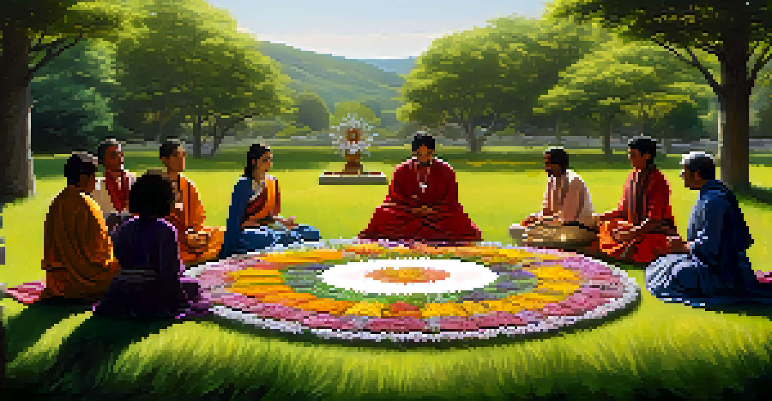 A group of people in a circle amidst greenery, sharing intentions with a small altar decorated with crystals and natural elements.