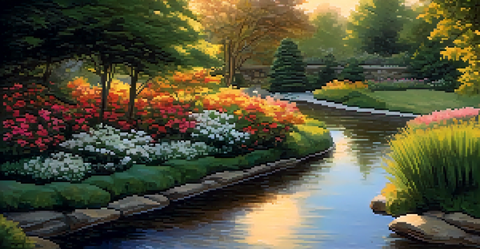 A peaceful garden at sunset with blooming flowers, a flowing stream, and trees under warm golden light.