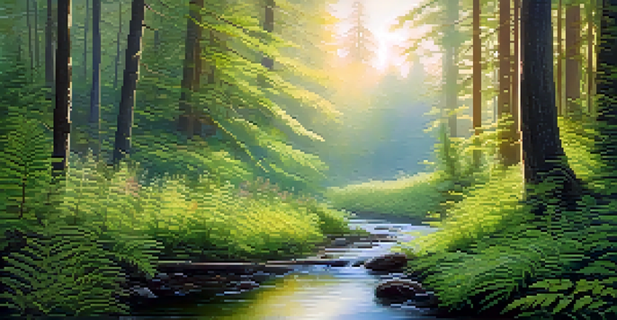 A peaceful forest at dawn with mist, sunlight filtering through trees, and a small stream.