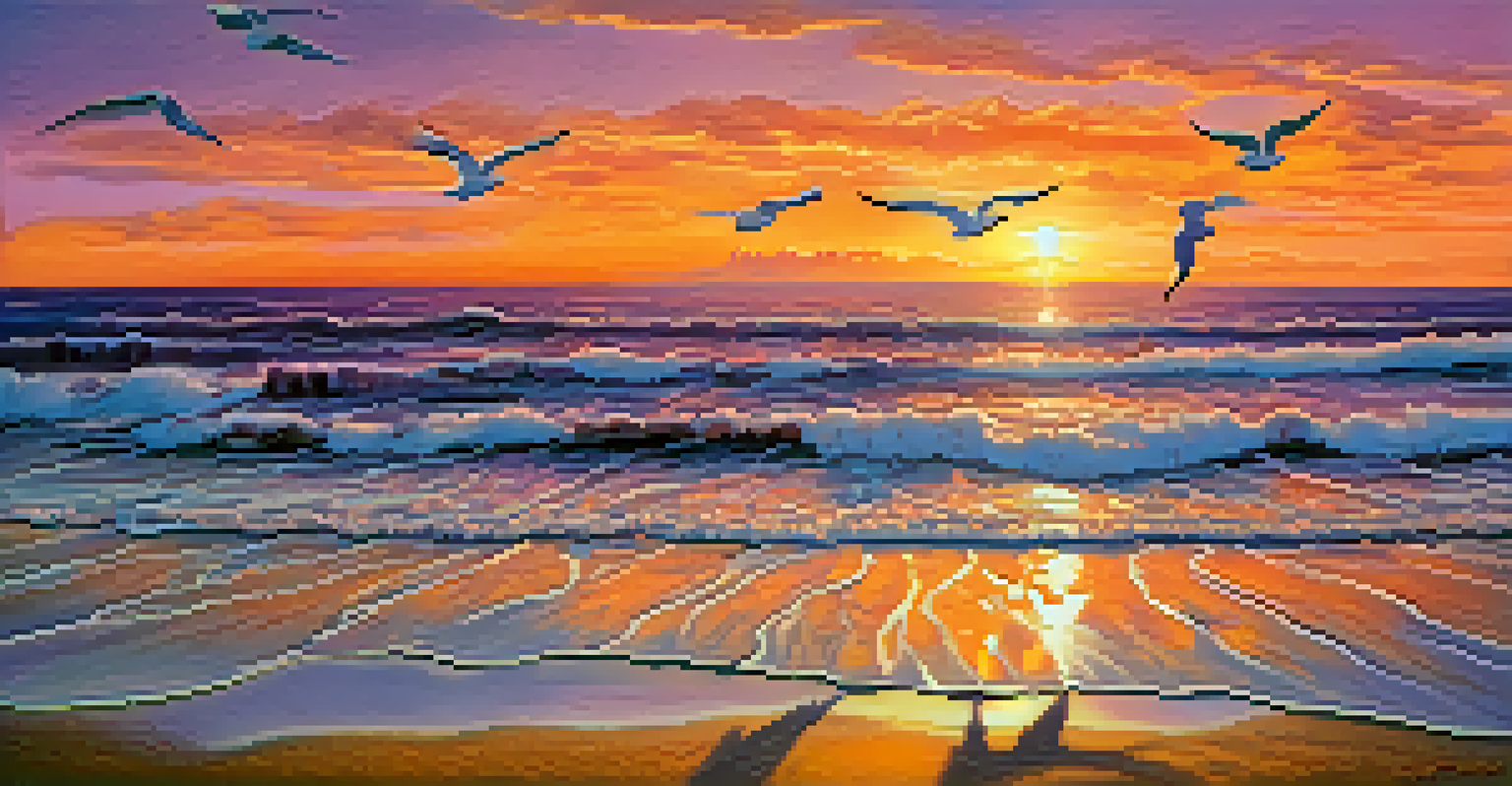 A beautiful sunset over a calm ocean with colorful skies and waves on the shore.