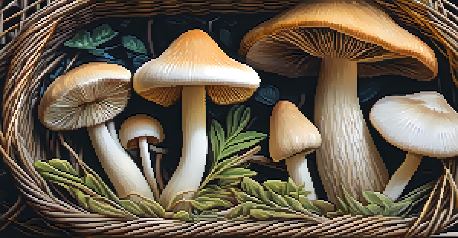 A close-up of psilocybin mushrooms on a woven basket, highlighting their unique textures and colors against a blurred natural background.