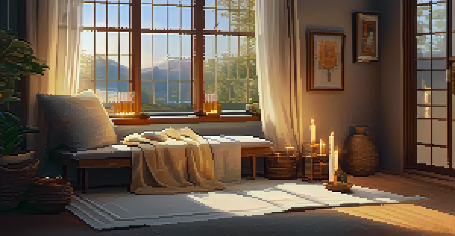 A peaceful meditation space with cushions, candles, and crystals, bathed in soft sunlight.