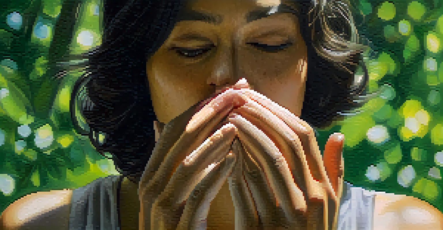A close-up of a person's hands together in a deep breathing practice, with a serene face, set against a blurred green forest background.