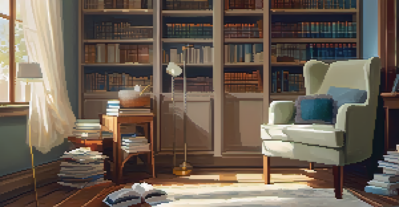 A cozy reading nook with a plush armchair, a stack of books, and a steaming cup of tea in warm light.