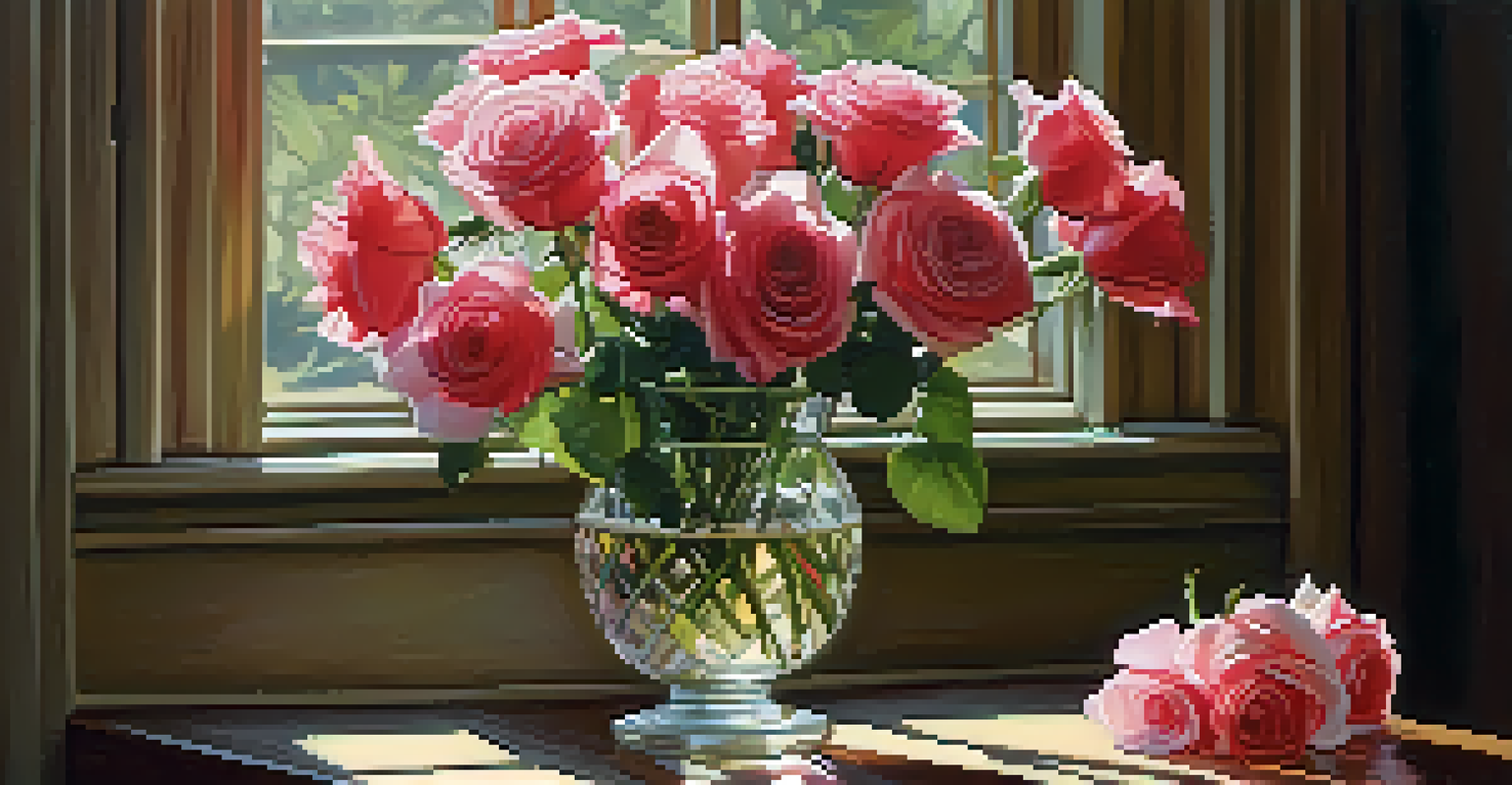 A still life of a vintage vase with roses on a wooden table, illuminated by natural light.