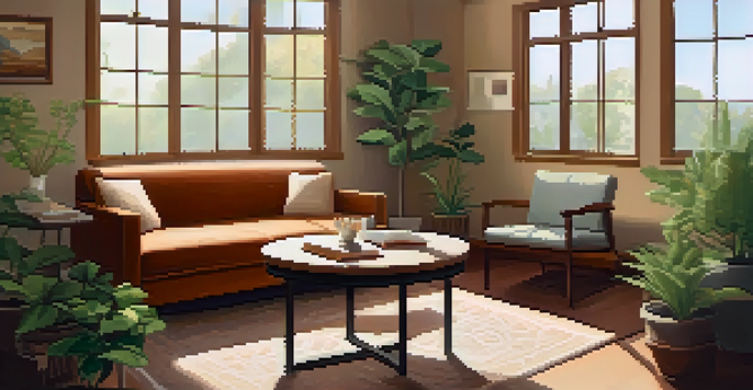A therapy room filled with natural light, featuring comfortable chairs and plants, depicting a therapist talking to a relaxed patient.