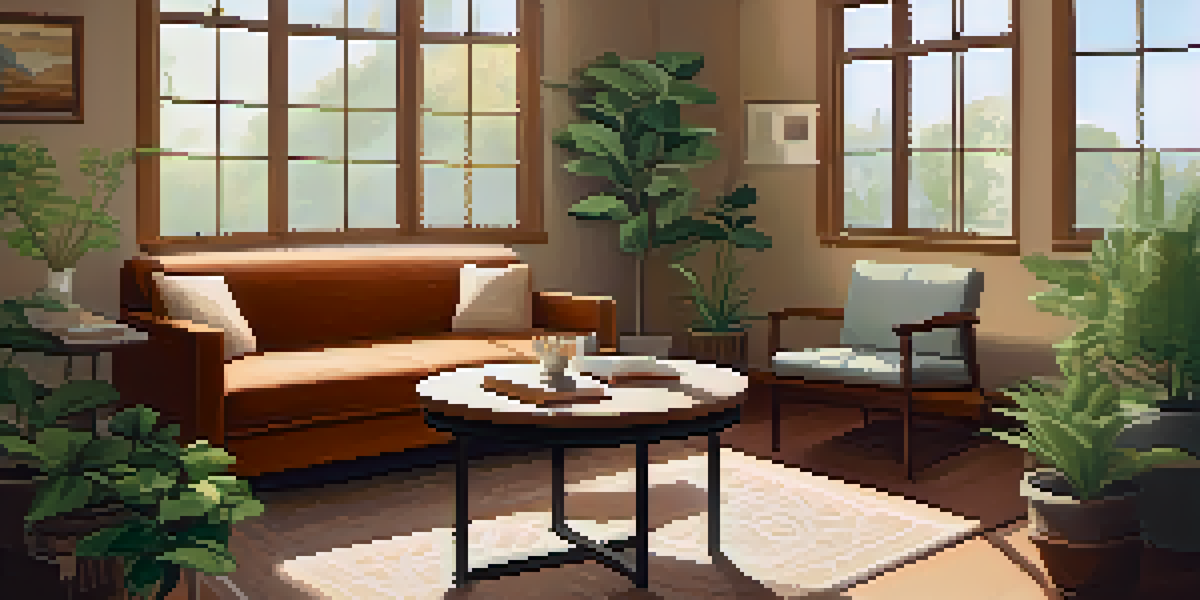 A therapy room filled with natural light, featuring comfortable chairs and plants, depicting a therapist talking to a relaxed patient.