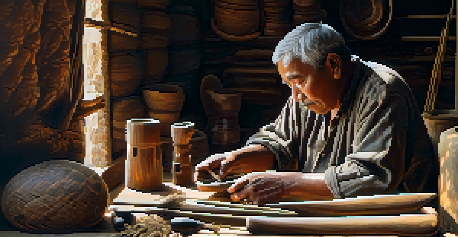 A close-up of a local artisan creating traditional ceremonial tools, with detailed carvings and textures, illuminated by natural light.